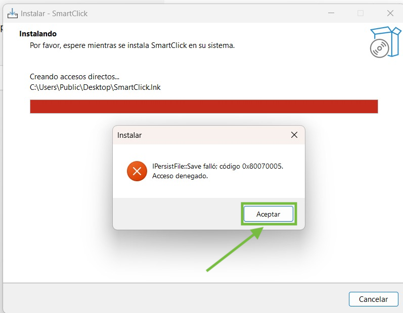 Captura del mensaje final de Windows con el botón aceptar para continuar